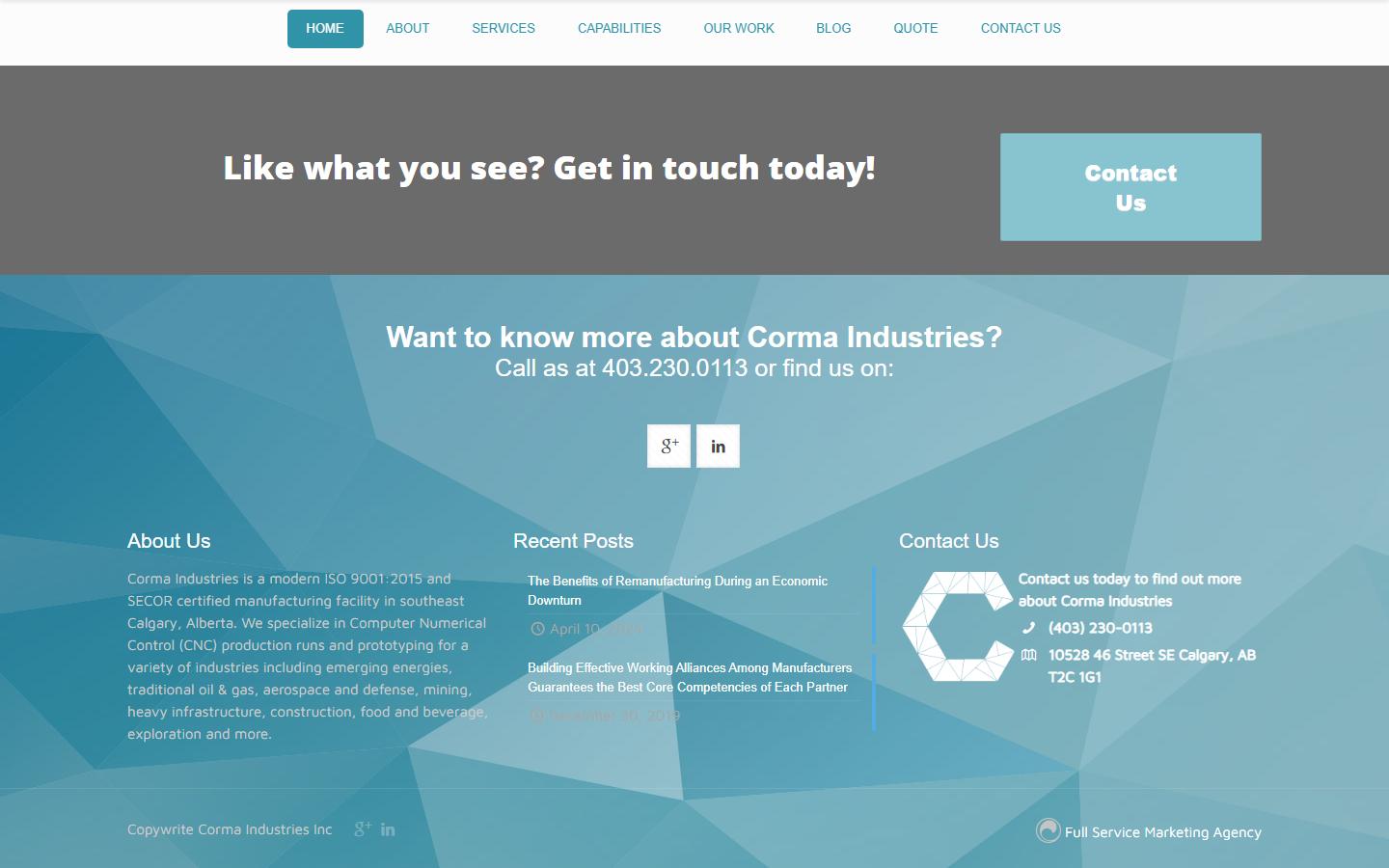 Corma Industries homepage, CNC machining in Calgary, Alberta