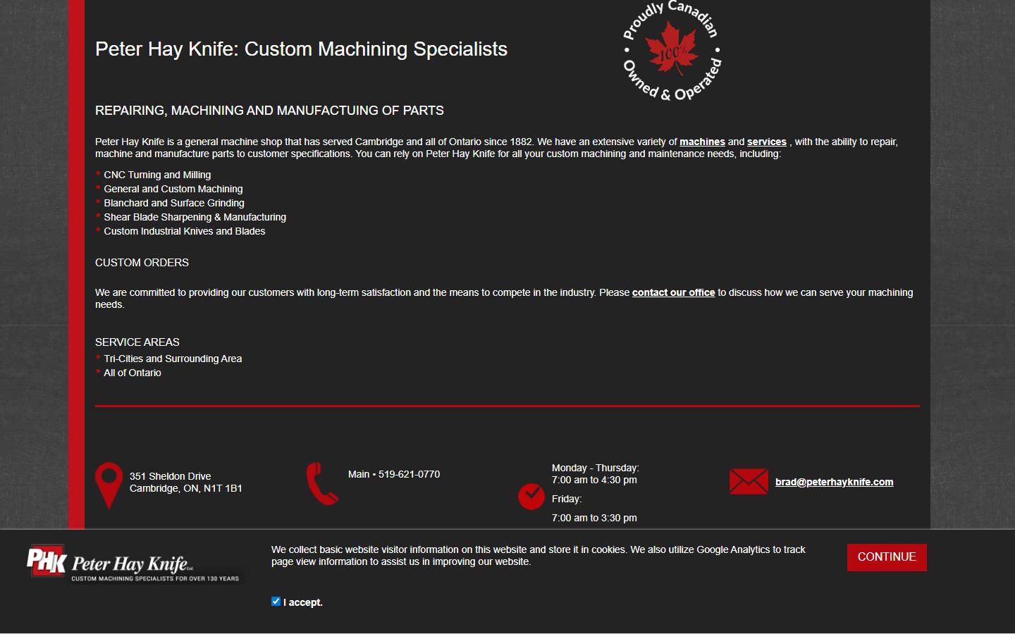 Peter Hay Knife Ltd. homepage, CNC machining in Cambridge, ON