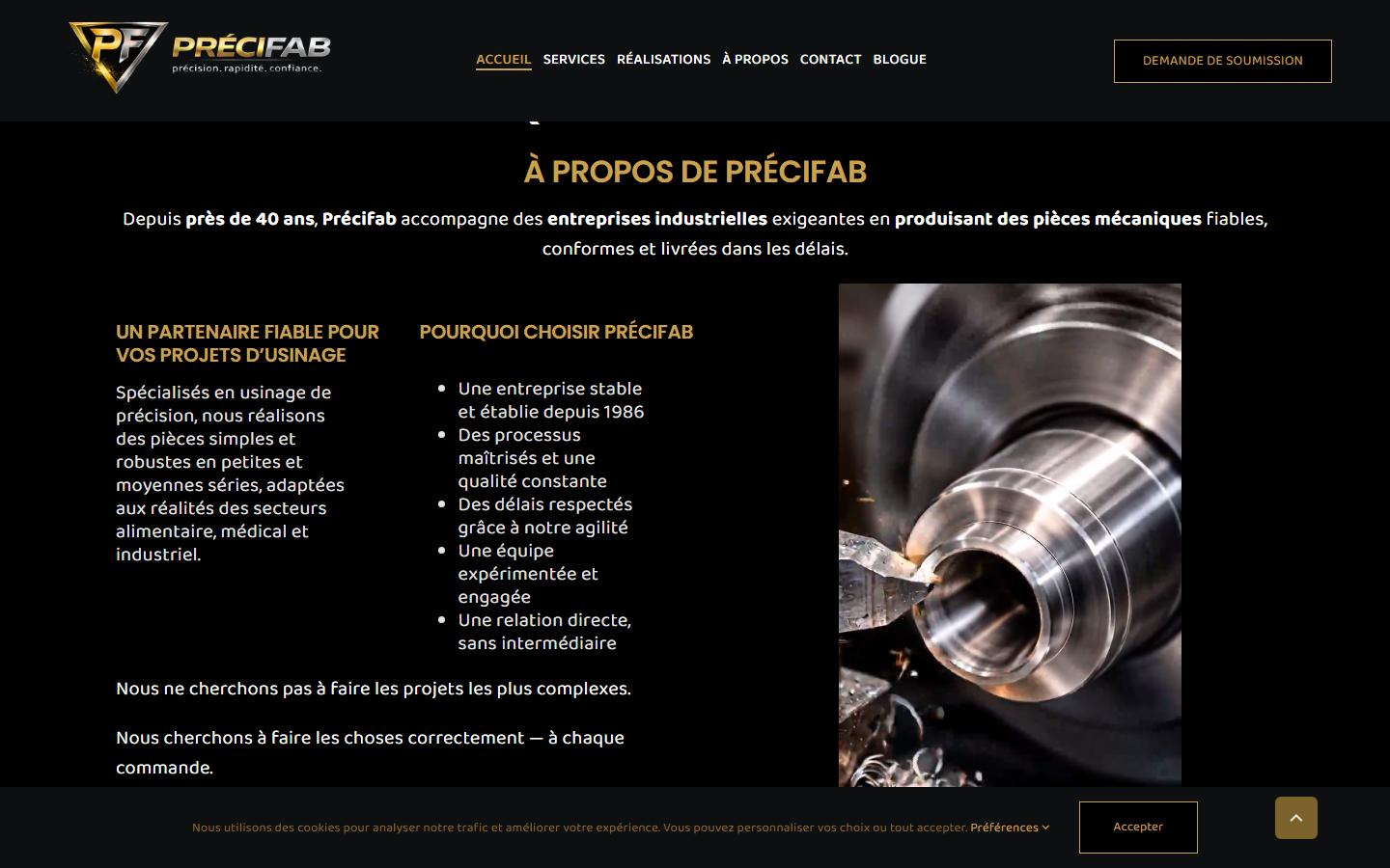 Précifab homepage, CNC machining in Saint Laurent, QC