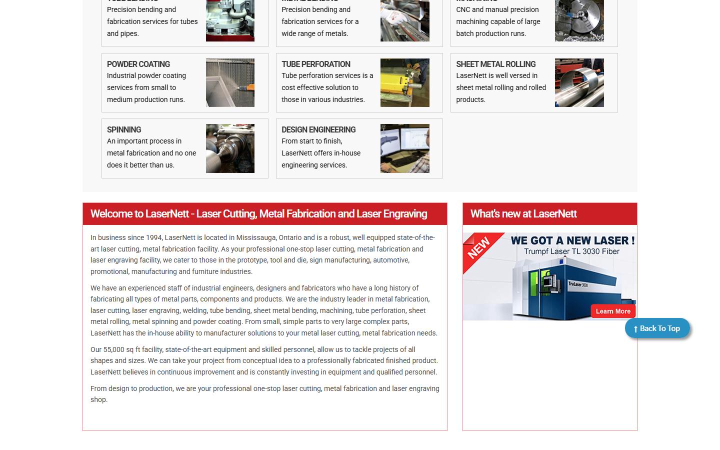 LaserNett homepage, CNC machining in Mississauga, Ontario