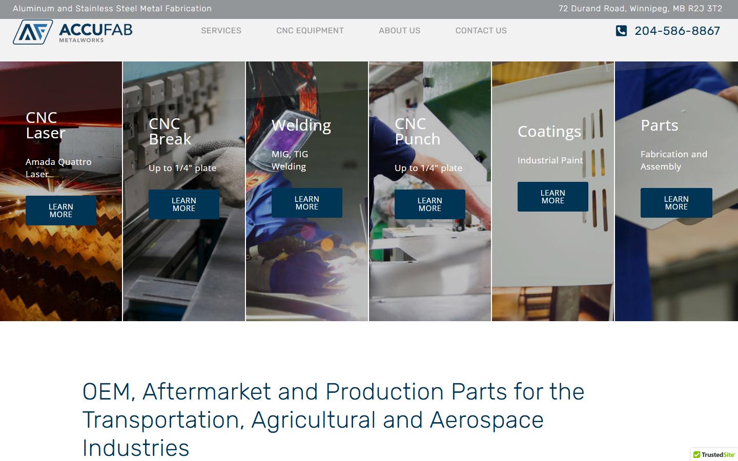 Accufab Metalworks Ltd. homepage, CNC machining in Winnipeg, MB